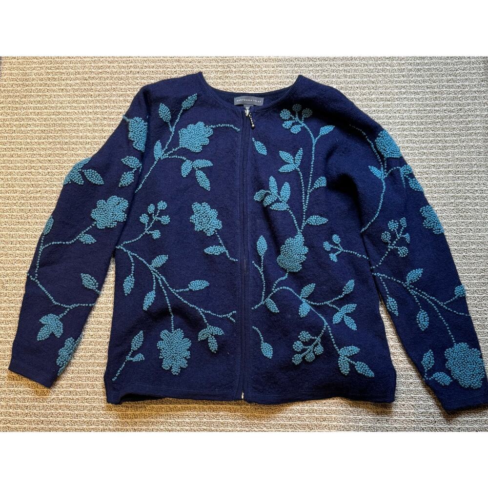 Northern Isles Navy Blue Floral‎ Beaded Zip Up Cardigan Sweater M M